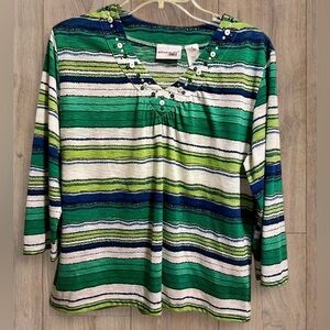 Vintage Alfred Dunner Vibrant Green and Blue Striped Blouse